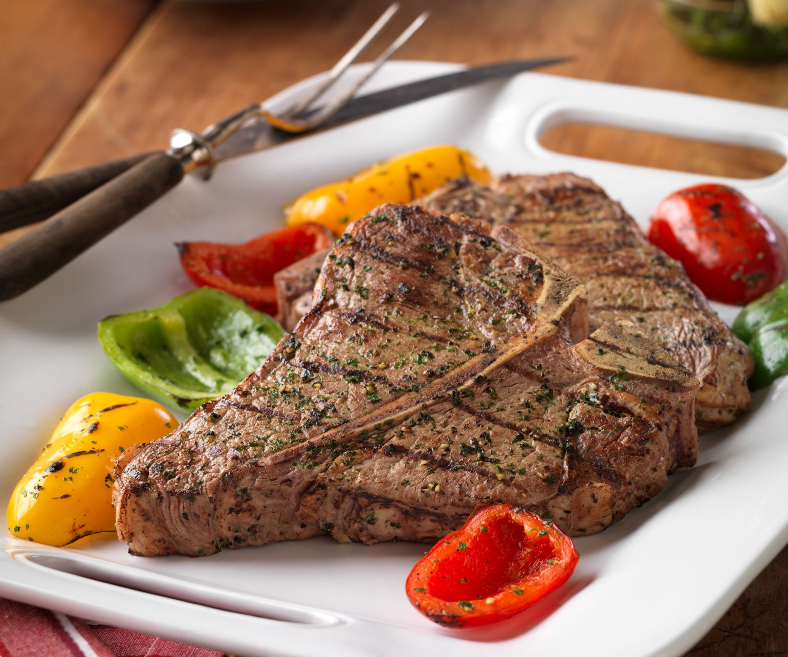 Grilled Beef Porterhouse Steaks & Colorful Peppers
