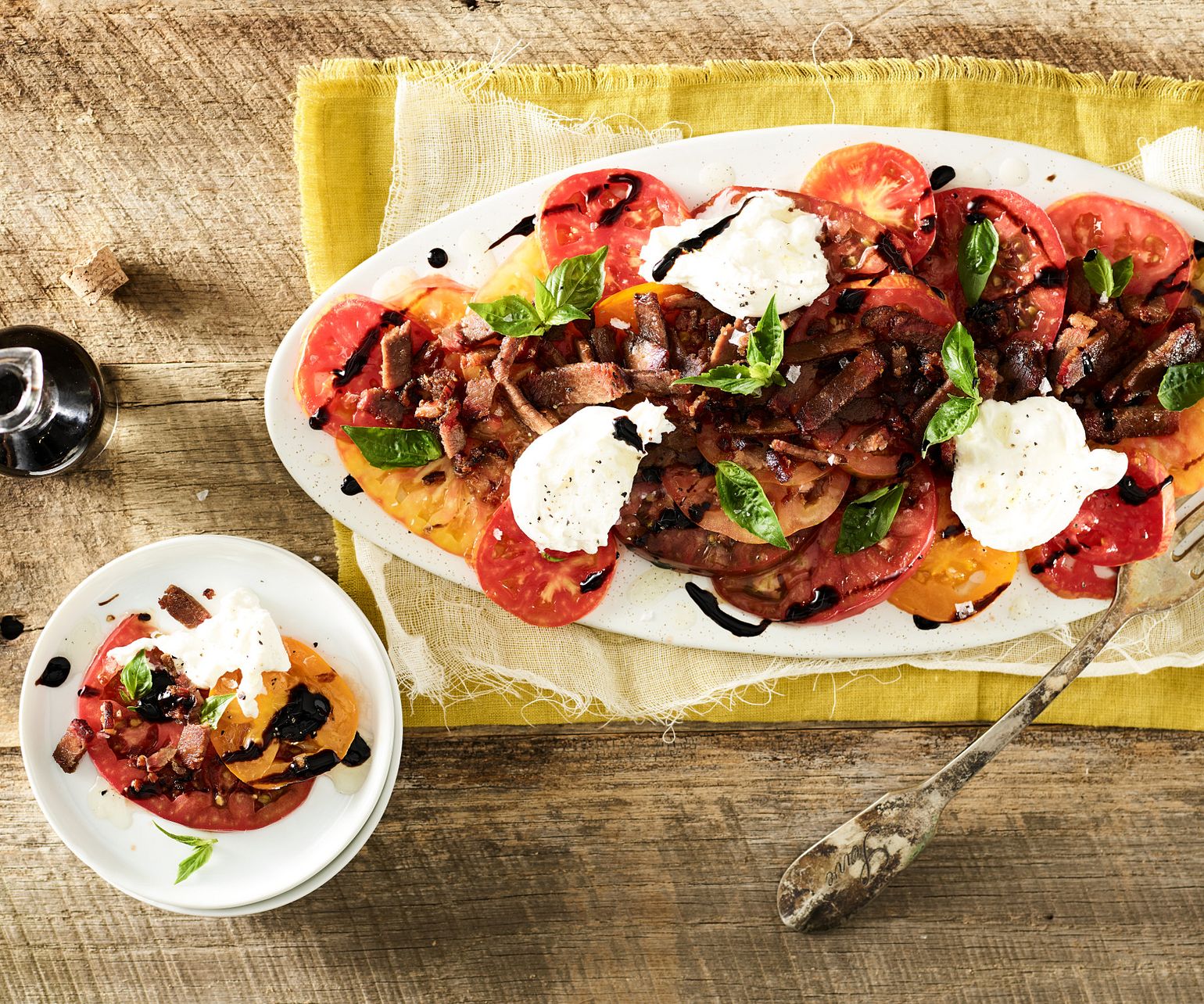 Crispy Beef Brisket and Heirloom Tomatoes with Burrata and Basil Oil