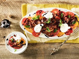 Crispy Beef Brisket and Heirloom Tomatoes with Burrata and Basil Oil