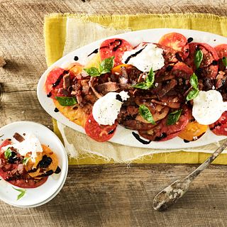 Crispy Beef Brisket and Heirloom Tomatoes with Burrato and Basil Oil