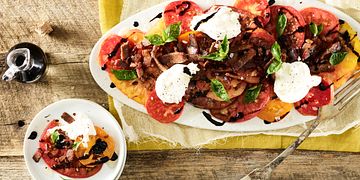 Crispy Beef Brisket and Heirloom Tomatoes with Burrato and Basil Oil