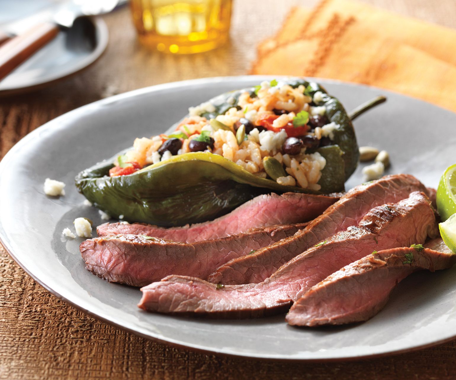 Lime-Marinated Flank Steak with Stuffed Poblano Peppers