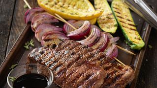 Beef Strip Steaks with Grilled Balsamic Vegetables
