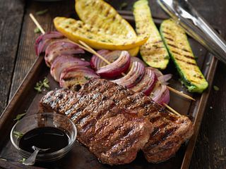 Beef Strip Steaks with Grilled Balsamic Vegetables