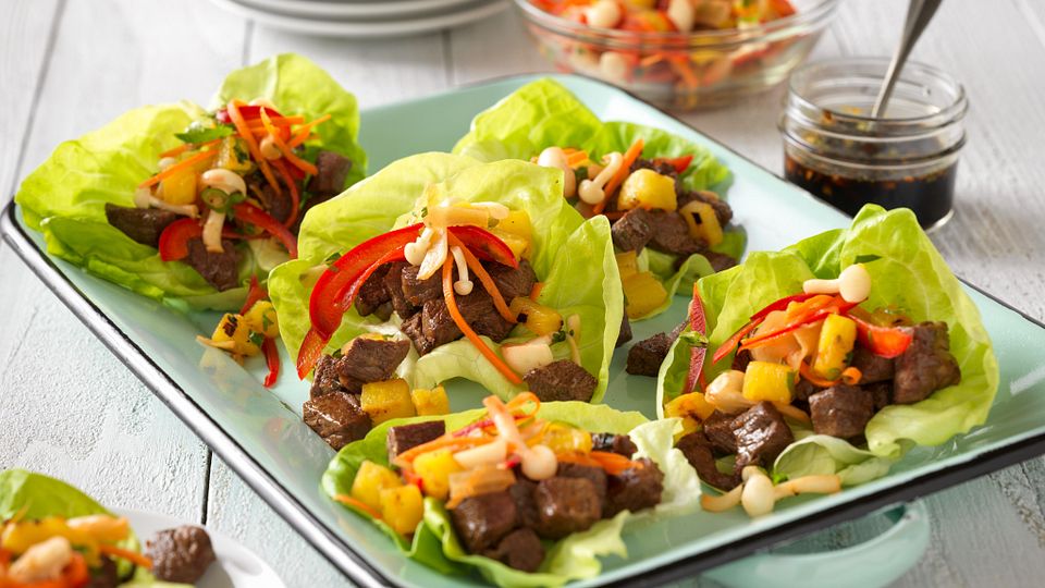 Savory Beef Steak Lettuce Cups with Grilled Pineapple Relish