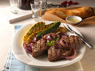Beef Strip Steaks with Grilled Onion Relish