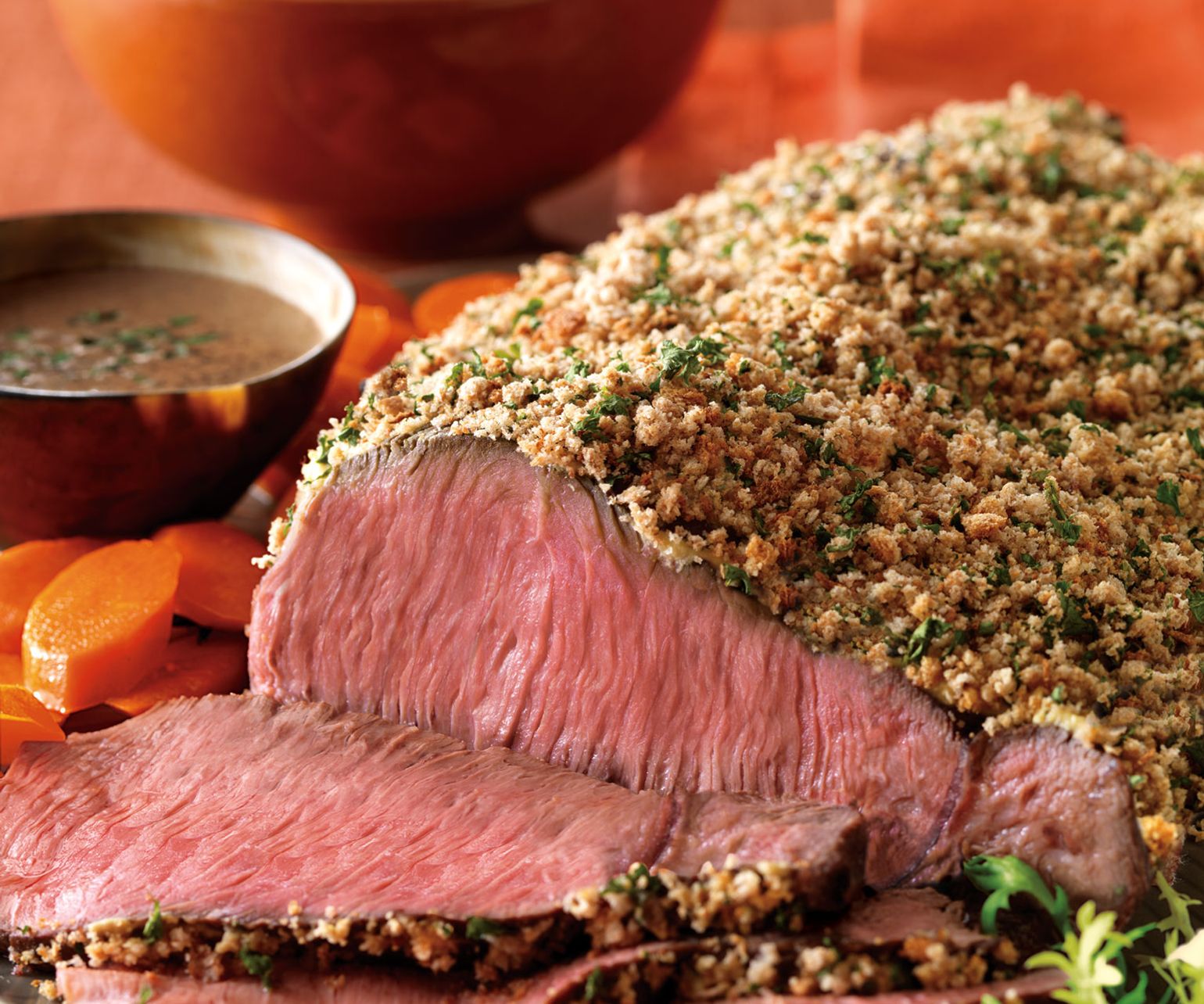 Crumb-Crusted Top Sirloin with Roasted Garlic Potatoes and Bourbon Sauce