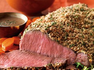 Crumb-Crusted Top Sirloin & Roasted Potatoes with Bourbon Sauce