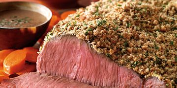 Crumb-Crusted Top Sirloin & Roasted Potatoes with Bourbon Sauce