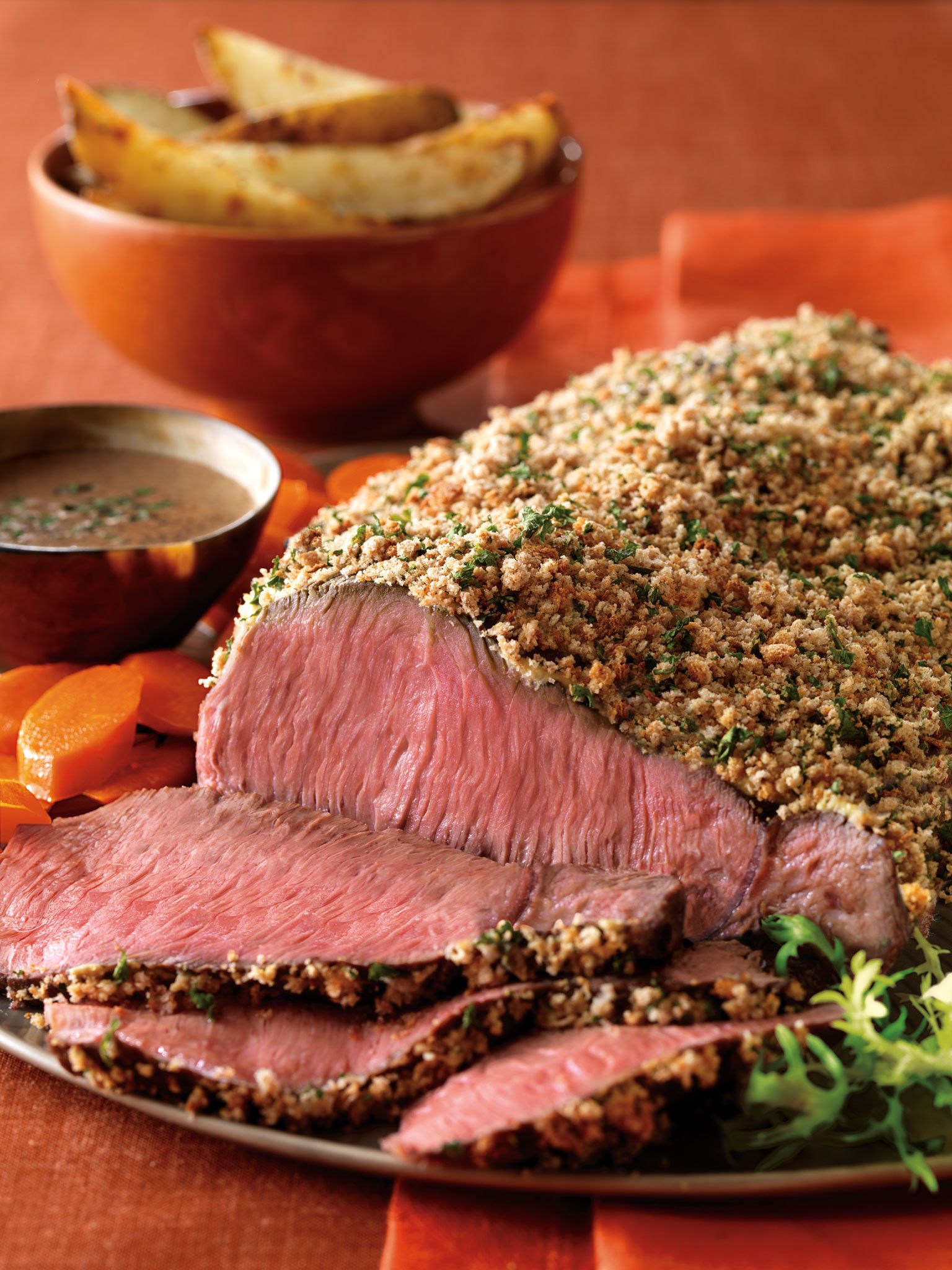 Crumb-Crusted Top Sirloin with Roasted Garlic Potatoes and Bourbon Sauce