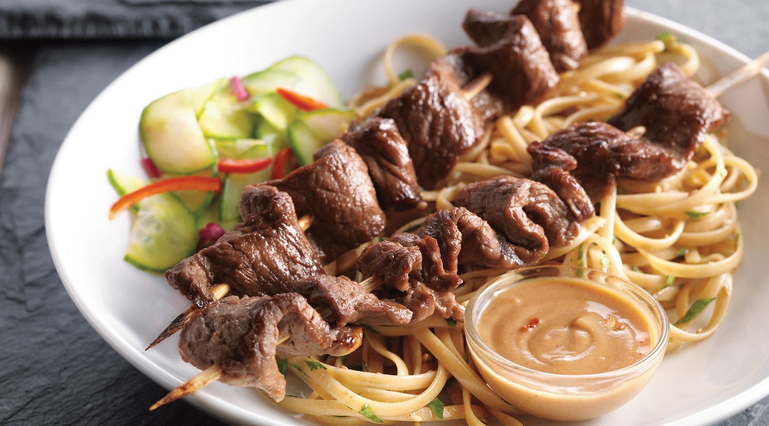 Hoisin-Marinated Beef Skewers with Peanut Dipping Sauce