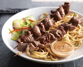 Hoisin-Marinated Beef Skewers with Peanut Dipping Sauce