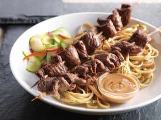 Hoisin-Marinated Beef Skewers with Peanut Dipping Sauce