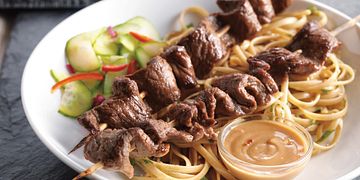 Hoisin-Marinated Beef Skewers with Peanut Dipping Sauce