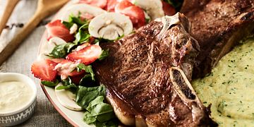 Beef Strip Steaks with Kale Polenta and Mushroom-Strawberry Salad