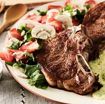 Beef Strip Steaks with Kale Polenta and Mushroom-Strawberry Salad