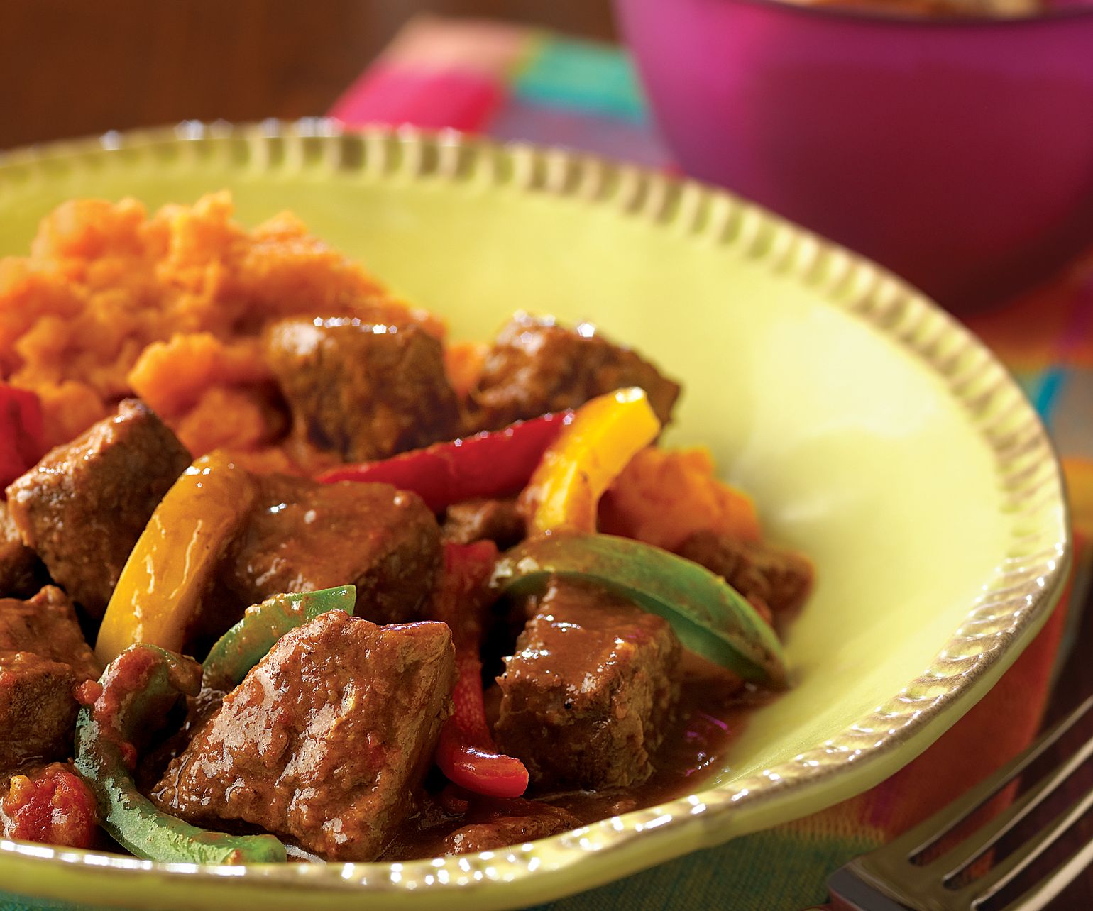 Mexican Beef Stew over Chipotle Sweet Potato Mashers