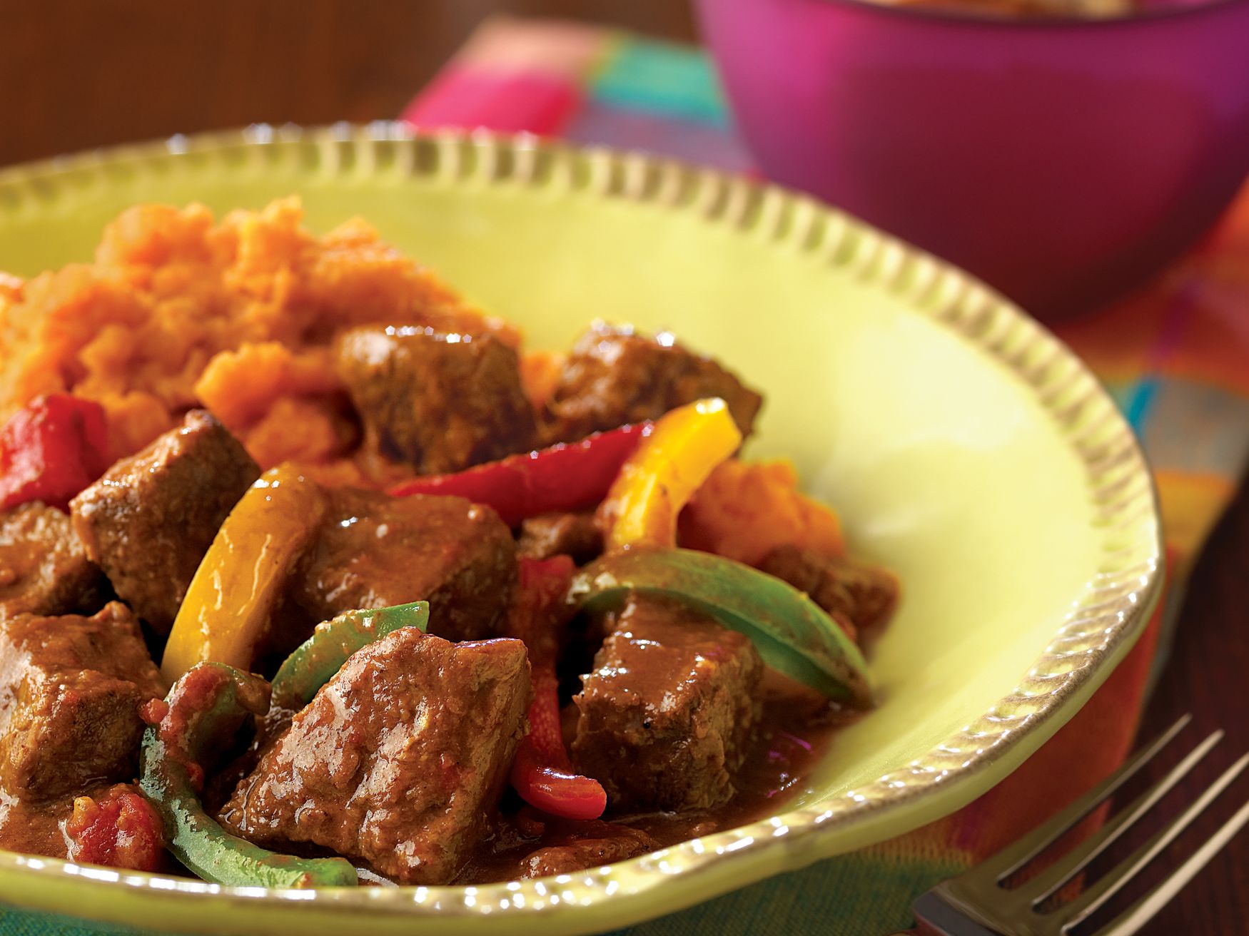 Mexican Beef Stew over Chipotle Sweet Potato Mashers