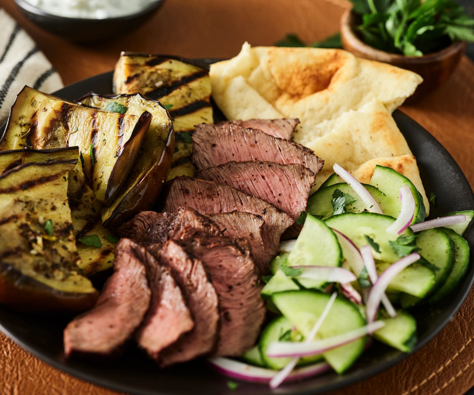 Berbere Spiced Grilled Flat Iron with Garlic-Herb Grilled Eggplant