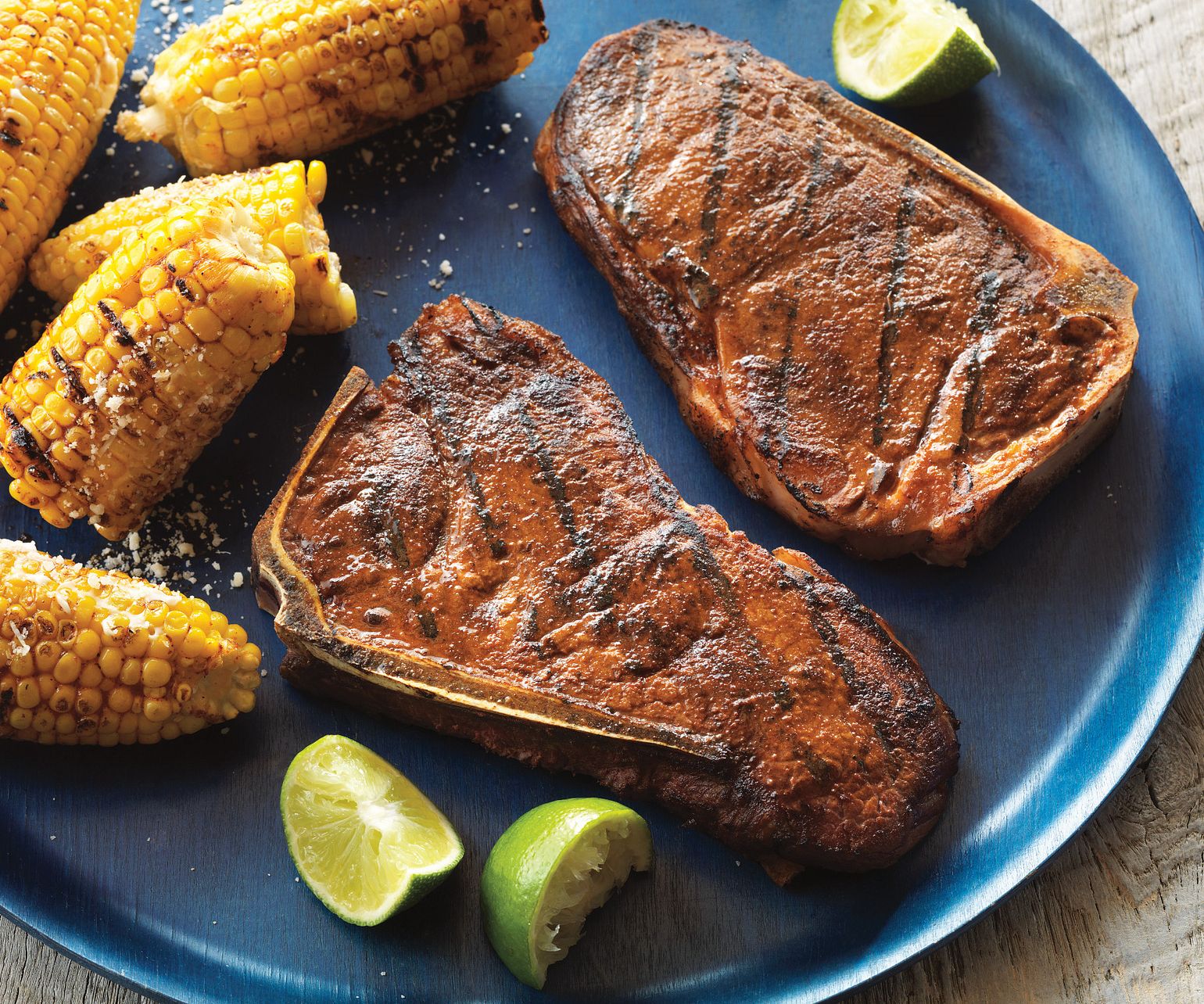 Smoky Strip Steaks with Mexican-Style Grilled Corn