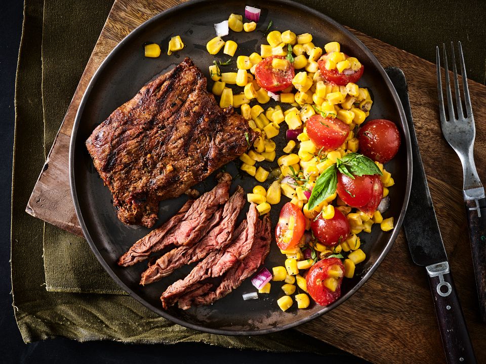 Cowboy Marinated Skirt Steak with Corn Salad