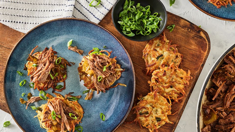 Braised Beef with Potato Latkes