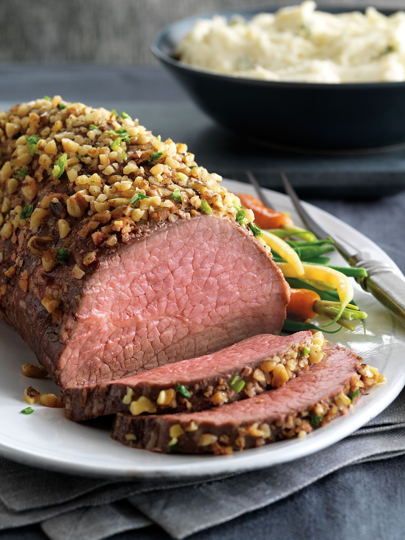 Walnut-Crusted Roast with Blue Cheese Mashed Potatoes