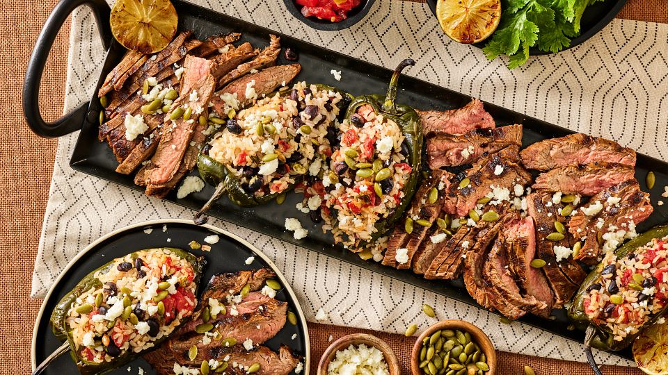 Lime-Marinated Flank Steak with Stuffed Poblano Peppers