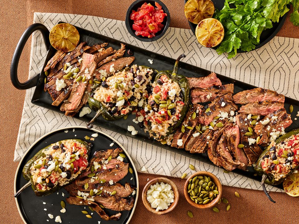 Lime-Marinated Flank Steak with Stuffed Poblano Peppers