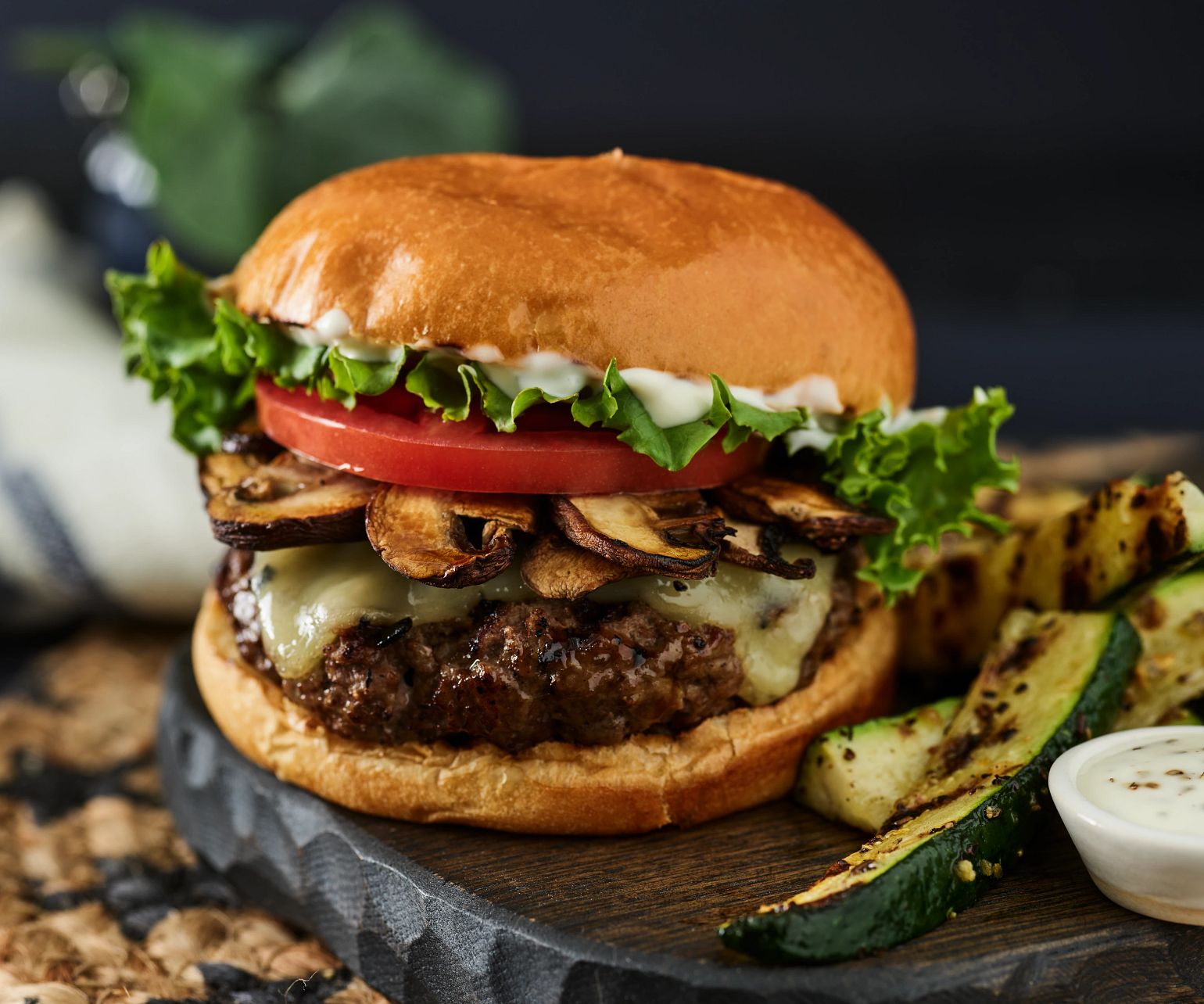 Mushroom Swiss Burger with Jalapeno Aioli