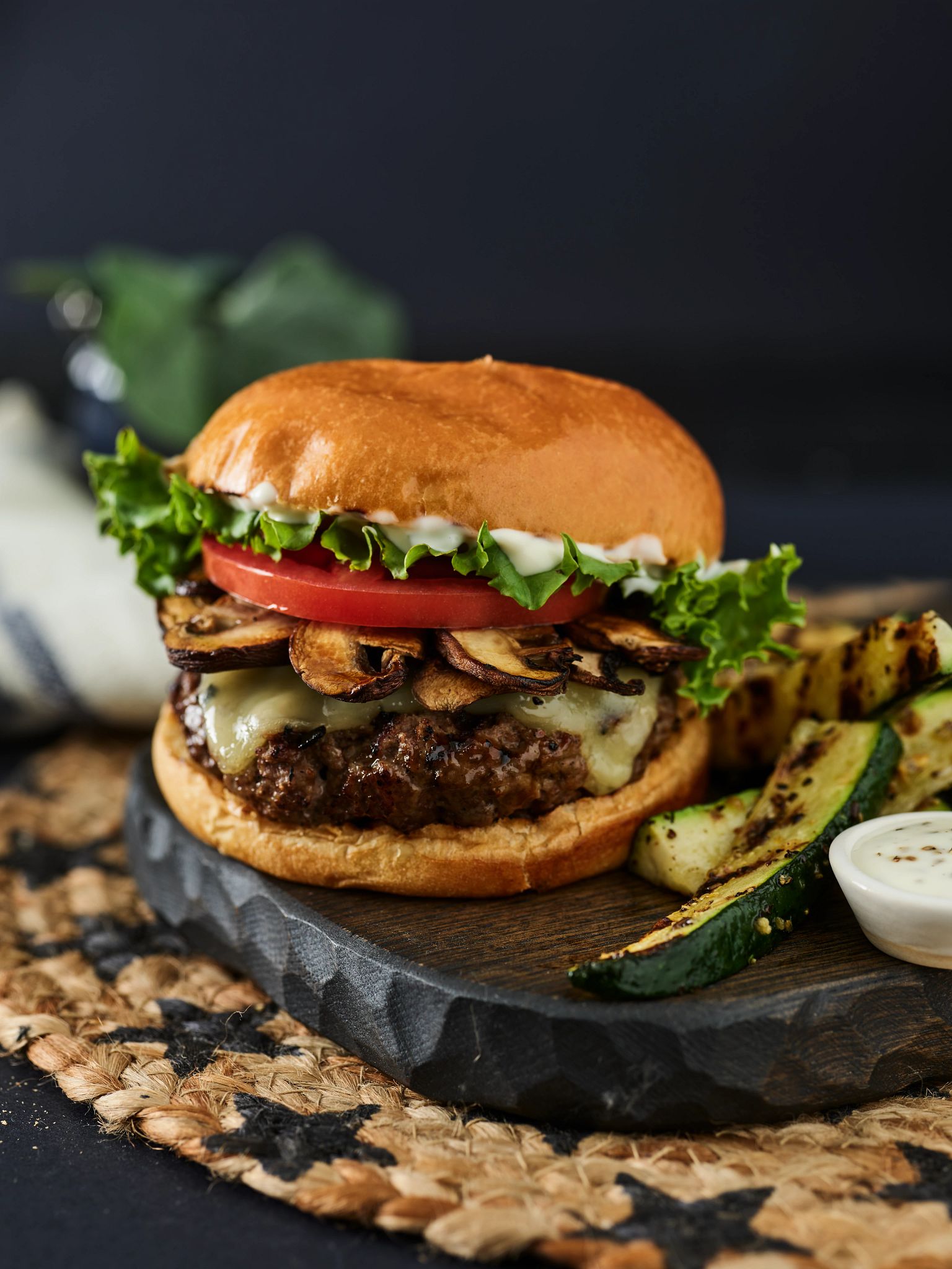 Mushroom Swiss Burger with Jalapeno Aioli