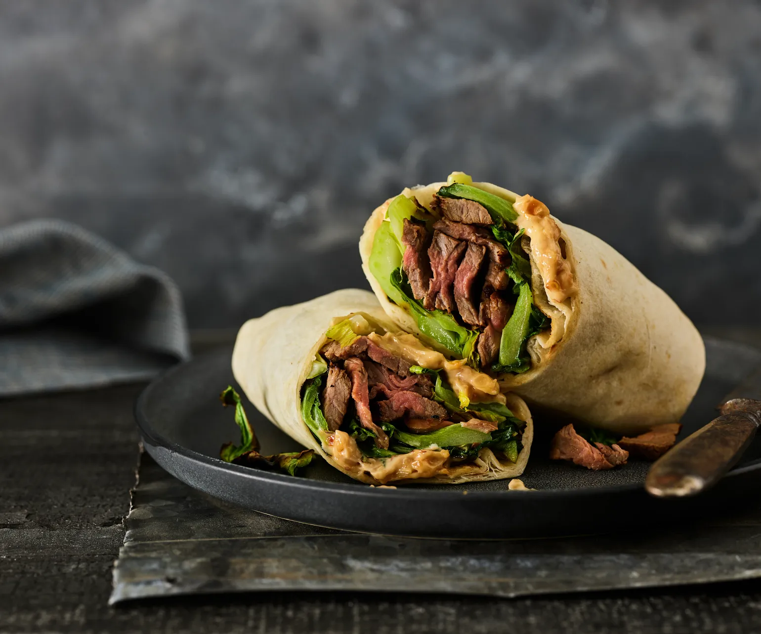 Grilled Szechuan Steak & Bok Choy Wraps with Spicy Peanut Mayonnaise