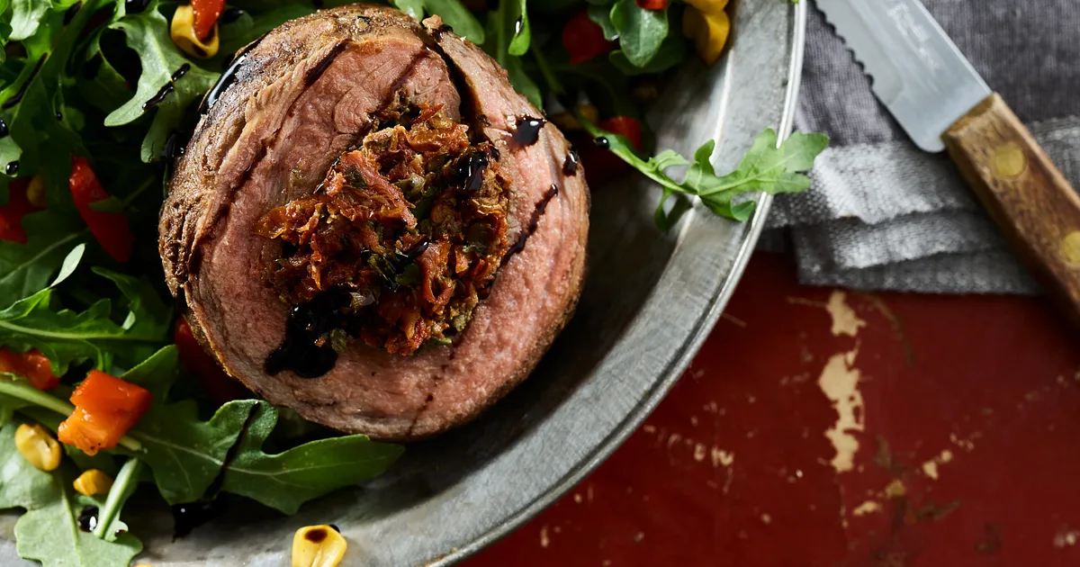 Grilled Beef Flank Pinwheels on Rocket Salad | Beef Loving Texans | Beef Loving Texans is your one-s