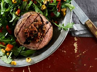 Grilled Beef Flank Pinwheels on Rocket Salad