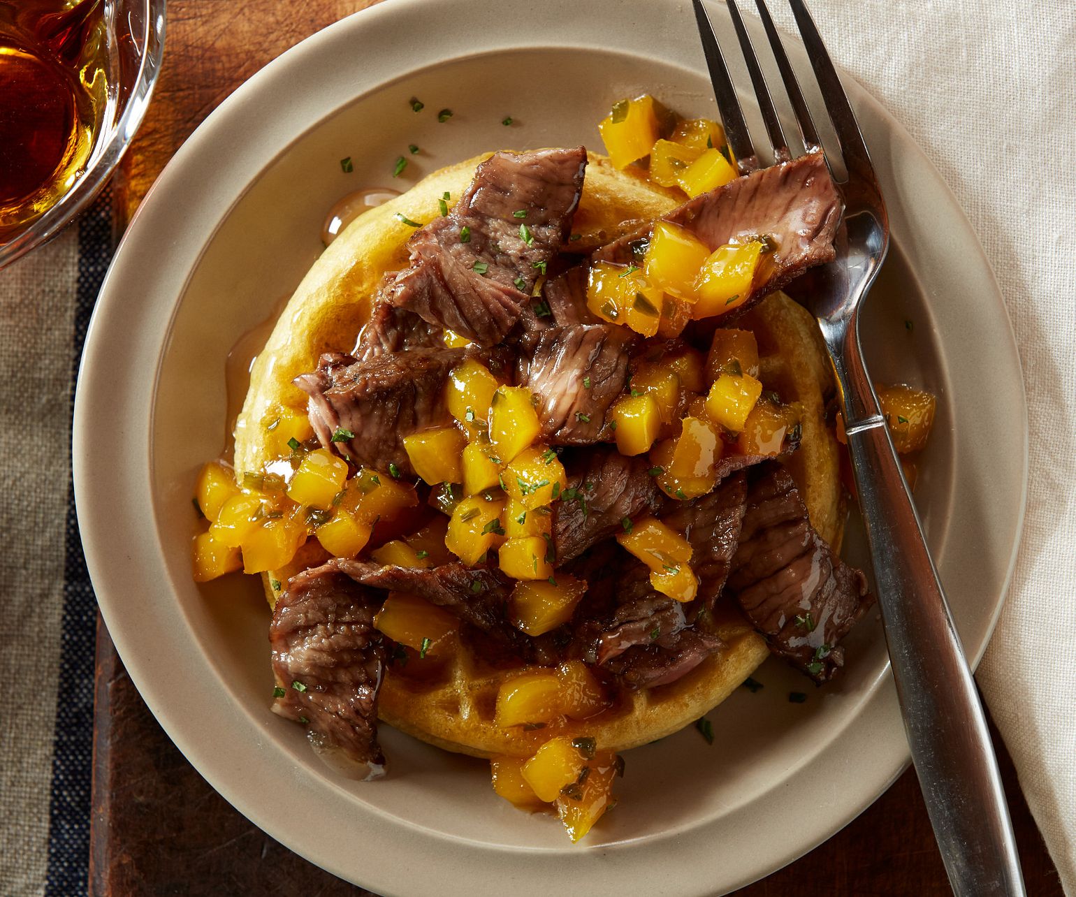 Beef Breakfast Waffles with Mango Syrup