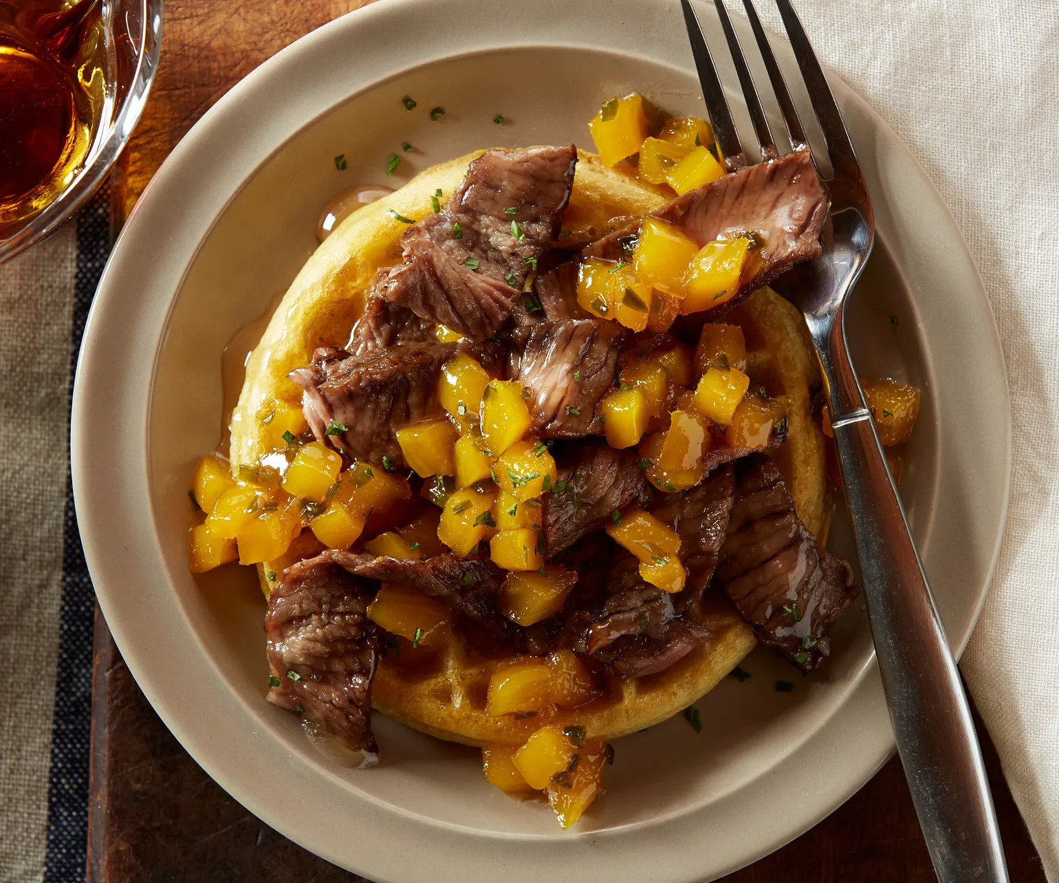 Beef Breakfast Waffles with Mango Syrup
