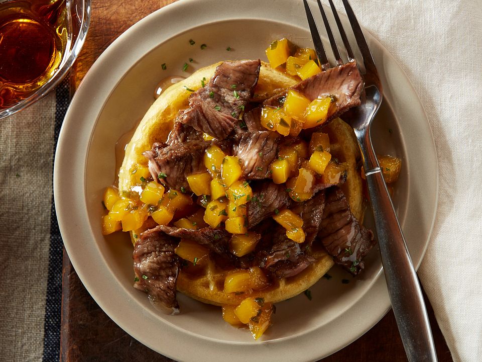 Beef Breakfast Waffles with Mango Syrup