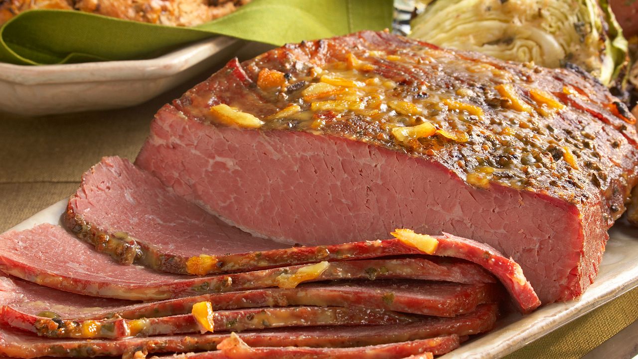 Dijon-Glazed Corned Beef with Savory Cabbage and Red Potatoes