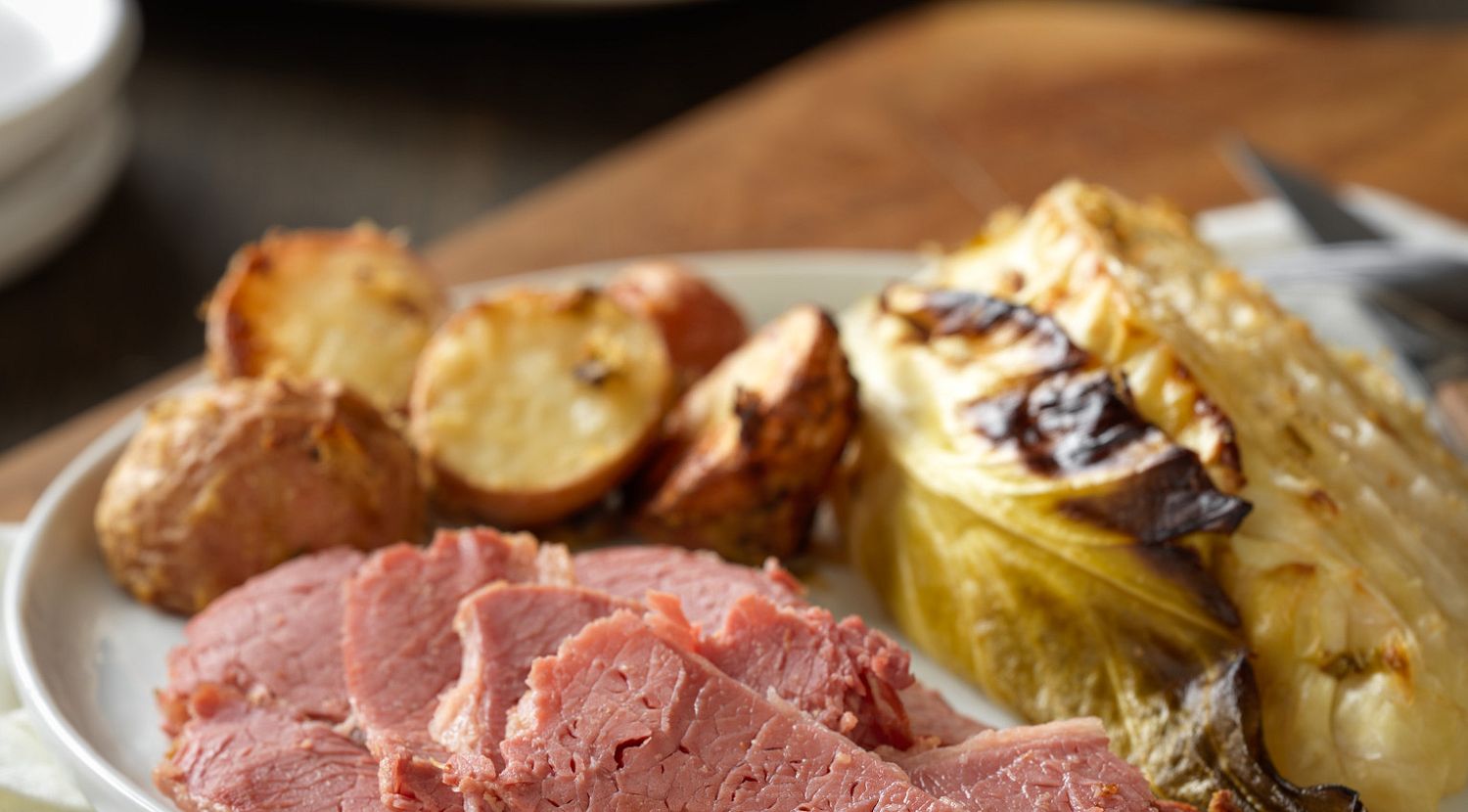 Dijon-Glazed Corned Beef with Savory Cabbage and Red Potatoes