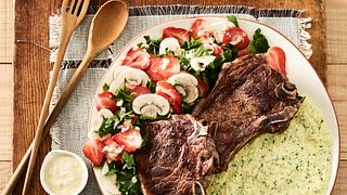 Beef Strip Steaks with Kale Polenta and Mushroom-Strawberry Salad