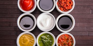 Soy sauce, balsam sauce, pomegranate sauce, ketchup, sour cream, mustard, basil