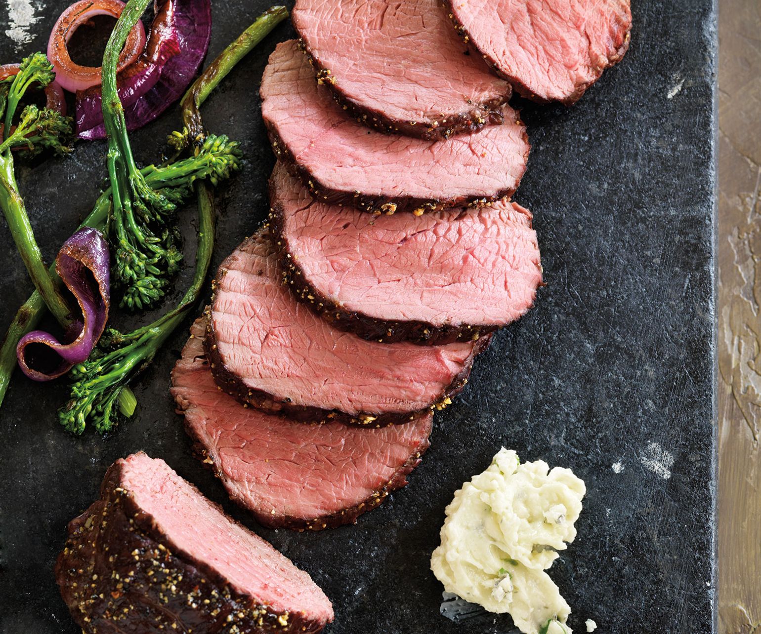 Peppered Top Sirloin Roast with Sautéed Broccolini