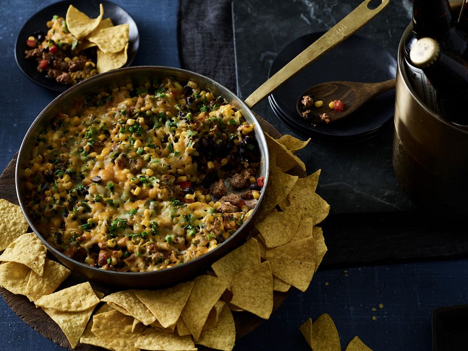 One Skillet Beefy 7-Layer Dip