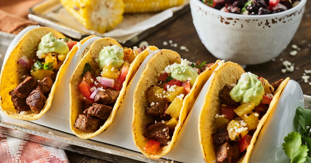 Ancho Chile Spiced Street Tacos with Pineapple Salsa and Jalapeno Crema