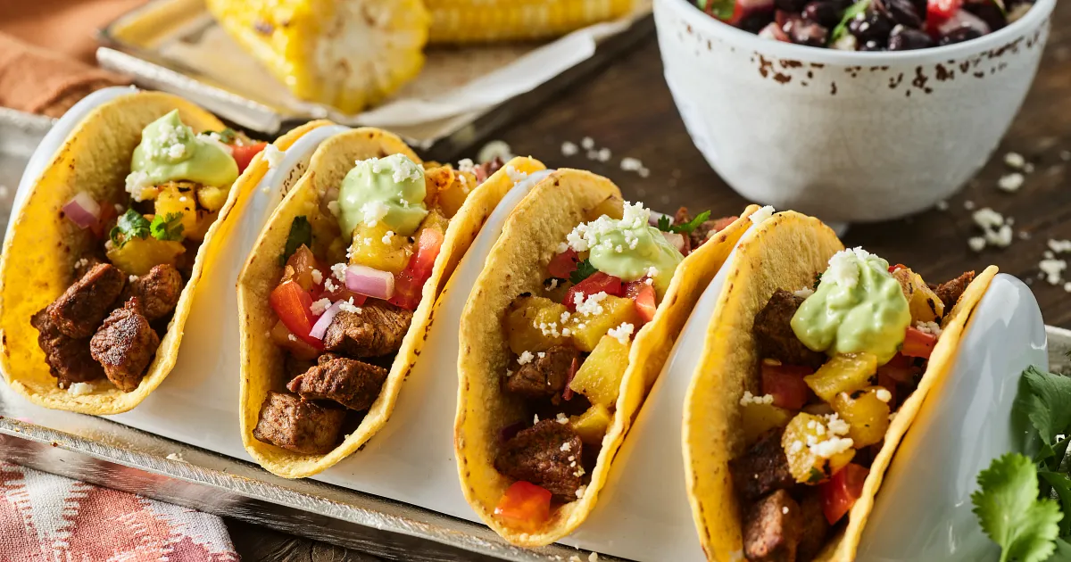 Ancho Chile Spiced Street Tacos with Pineapple Salsa and Jalapeno Crema | Beef Loving Texans | Beef 