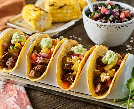 Ancho Chile Spiced Street Tacos with Pineapple Salsa and Jalapeno Crema