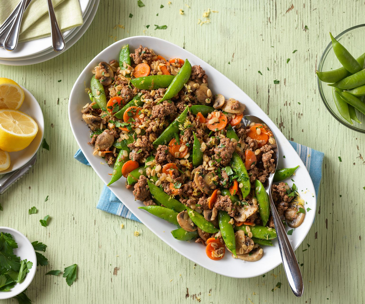 Lemony Beef & Barley with Sugar Snap Peas