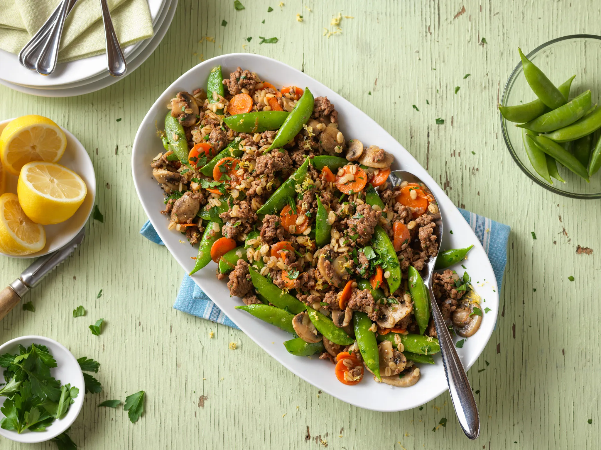 Lemony Beef & Barley with Sugar Snap Peas