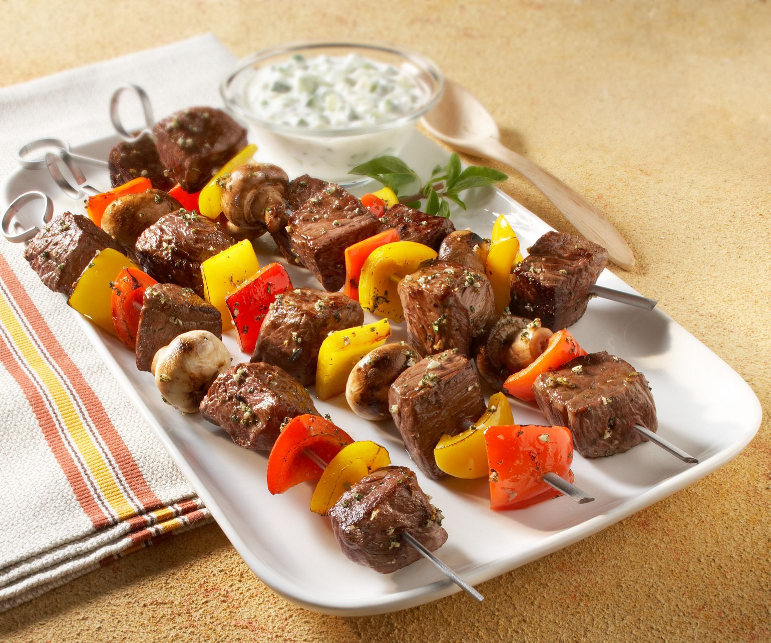 Beef, Sweet Peppers and Mushroom Kabobs with Cucumber-Yogurt Sauce