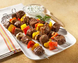 Beef, Sweet Peppers and Mushroom Kabobs with Cucumber-Yogurt Sauce